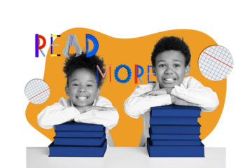 Portrait photo collage of two small kids folded hands over pile books reading more literature for future life isolated on orange background