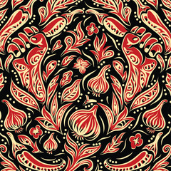 Intricate floral and hand-shaped pattern in red and gold on black background.