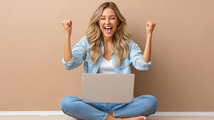 A young woman with long brown hair. She is holding a closed silver laptop on her lap,in a joyful expression, and both arms raised with clenched fists, conveying excitement and success, blue jeans. 
