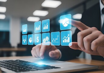 Person touching digital interface with financial charts and icons business finance