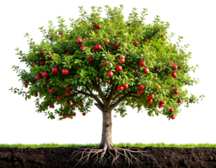 Full apple tree with ripe red fruits and green foliage isolated on transparent background PNG