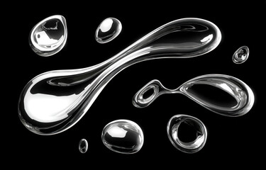 Abstract chrome liquid shapes in various sizes on black background