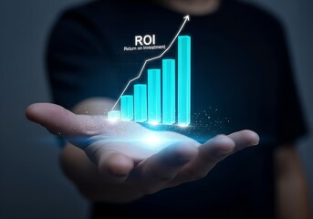 Person s outstretched hand holding glowing blue bar graph with rising trend line