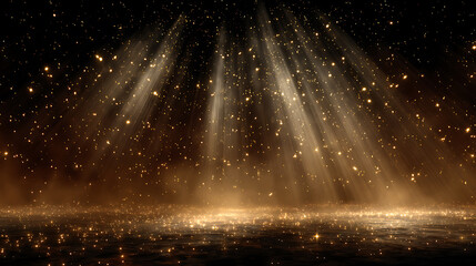 Christmas background golden light rays illuminate a sparkling, magical night scene