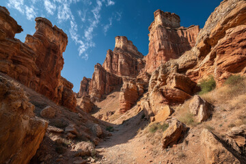 Fototapeta premium Dramatic red sandstone cliffs of charyn canyon under clear blue sky with deep shadows