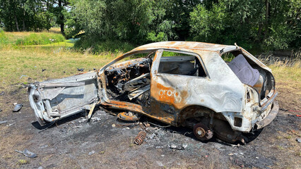 Burnt passenger car. Poland, Wroclaw.