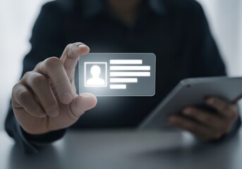 Person holding transparent digital id card with profile icon and text image