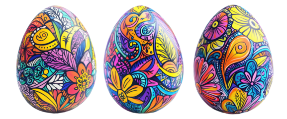 Decorative Easter egg with intricate floral patterns in vibrant colors isolated on white transparent background. Concept of festive celebration, art, and tradition