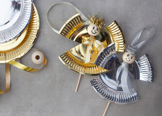 Christmas paper plate angels on grey