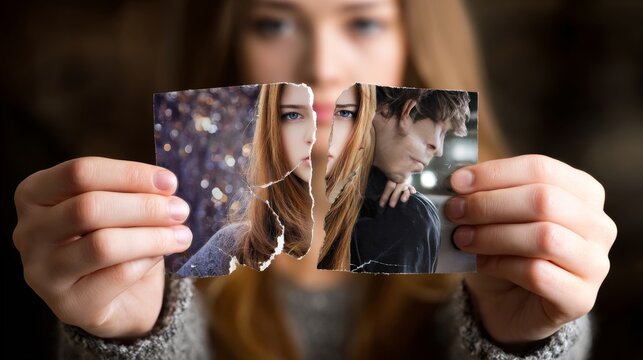 A woman is holding a picture of a couple that is broken in half
