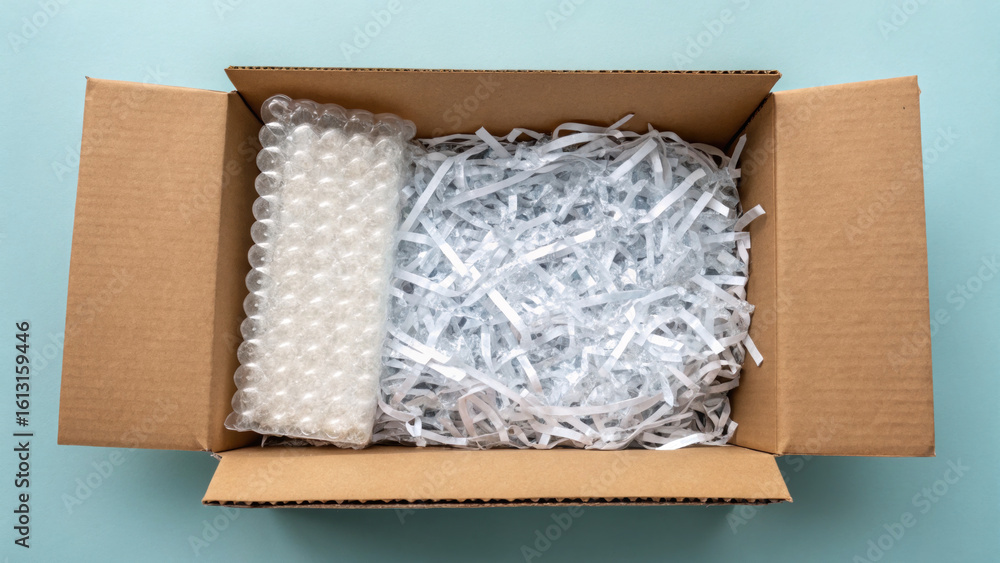 Poster top down view of cardboard box filled with shredded paper and bubble wrap, showcasing packing materi
