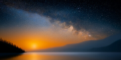 Fototapeta premium Milky Way Galaxy Above Tranquil Lake Reflecting Sunset Hues