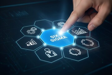 Person s finger touching blue hexagon with six sigma text and icons hand screen