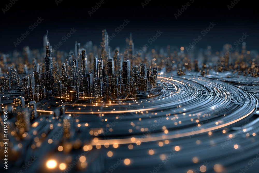 Aufkleber abstract glowing city map as a network of data pulses and nodes at night