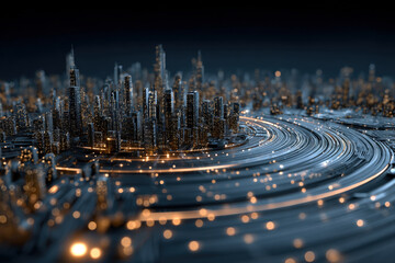 Abstract glowing city map as a network of data pulses and nodes at night