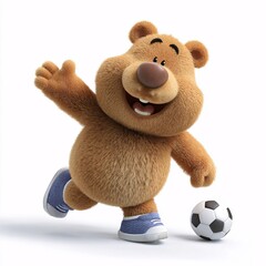 Cheerful Cartoon Bear Playing Soccer in 3D Clipart Style on White Background