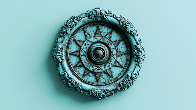 Decorative, ornate, light teal-colored circular button, with embossed floral, star, and distressed details. Central, dark button