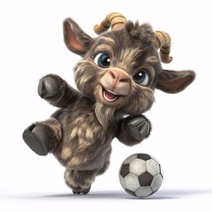 Playful Cartoon Goat Kicking Soccer Ball on White Background