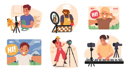 Kids blogger shooting video of travelling, cooking, playing games, sports training, music lesson set