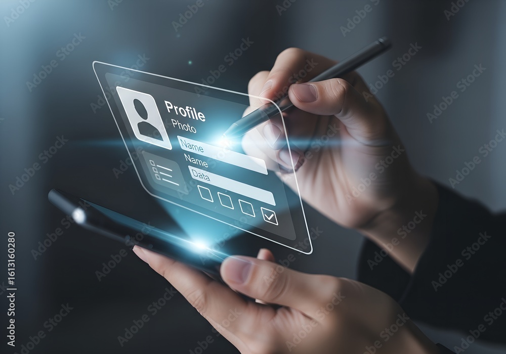 Poster person using stylus on transparent screen displaying profile form with glowing lights