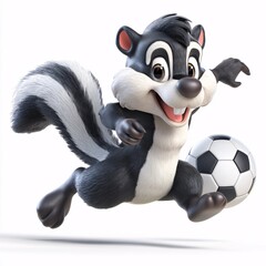Cartoon Skunk Playing Soccer in 3D Clipart Style on White Background