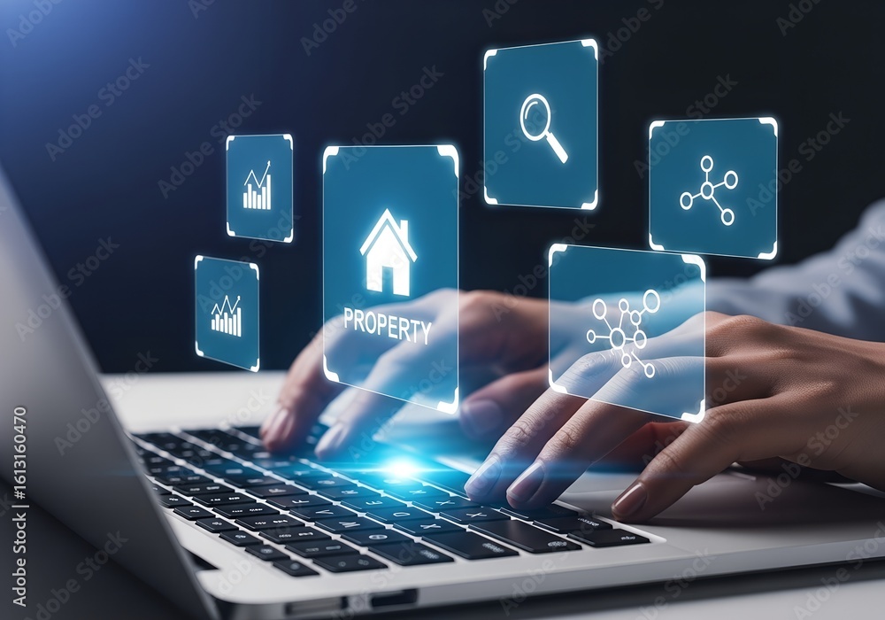 Poster person typing on laptop with property and data icons glowing hands computer