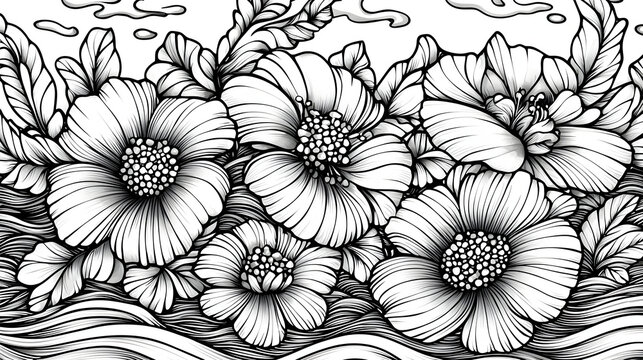 Black and white floral border design with detailed flowers and leaves.  Intricate line art depicts a profusion of blossoms on a wavy background