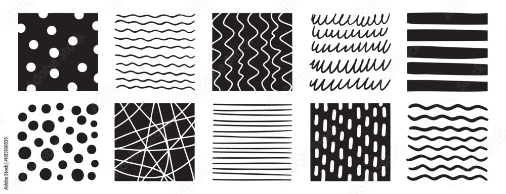 Poster hand drawn pen abstract pattern lines and shapes square set. doodle pencil or marker line art elemen