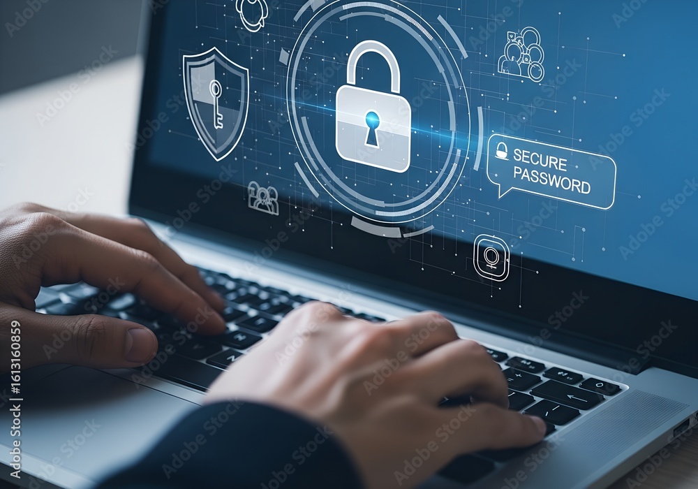 Aufkleber person typing on laptop with digital security interface and lock icon hands computer