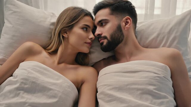 Romantic couple sharing an intimate moment in bed