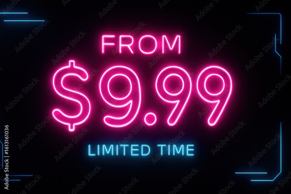 Poster neon-style sign with glowing pink and blue text displaying the message 