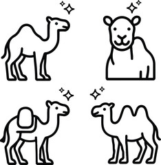 Four black outline illustrations of camels, showing different poses and perspectives.