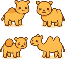 Four cute, cartoon camel illustrations in a grid pattern.