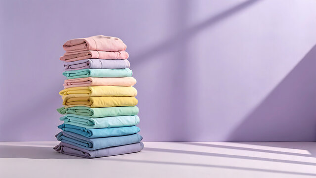Tall stack of soft pastel colored towels in a light purple room