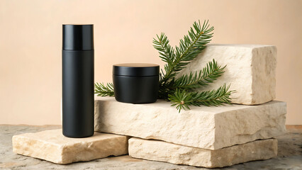 Elegant black cosmetic bottles and jar displayed with natural greenery on stone blocks