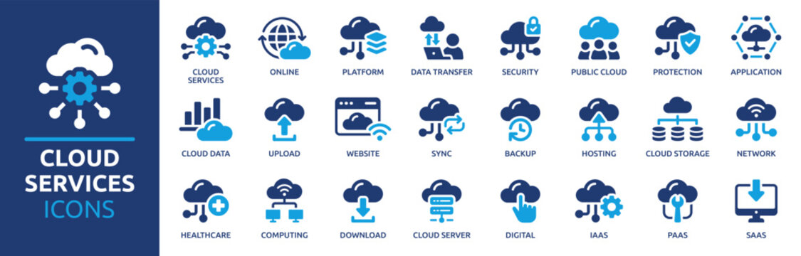 Cloud services icon set. Cloud computing, storage, hosting, sync, data transfer, cloud server, network, online, SAAS, digital and more. Solid vector icons collection.