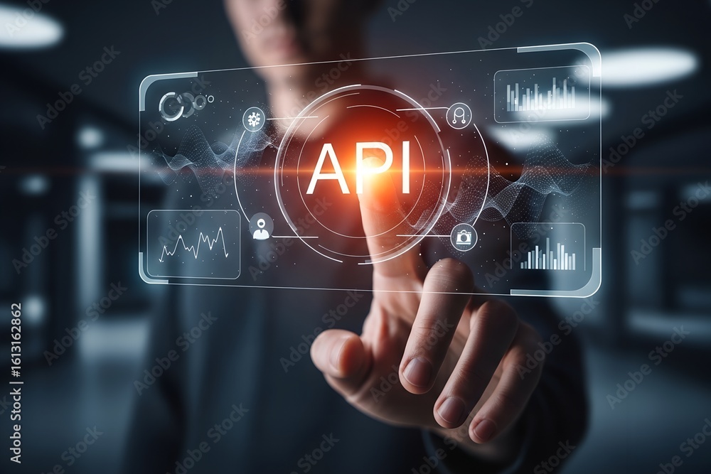 Poster person touching glowing a p i interface with data charts and icons technology digital