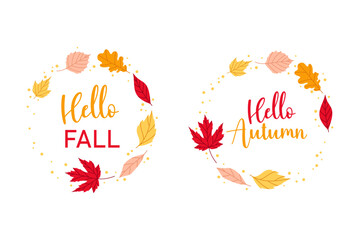 Set autumn wreaths made of leaves. Autumn frame for greeting card, sale or promotional poster, flyer, web banner, network poster. Fall decoration.