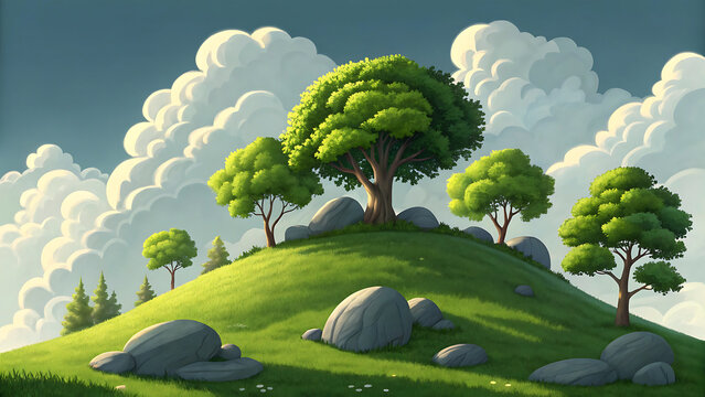 Lush green hill with trees and fluffy clouds under a blue sky
