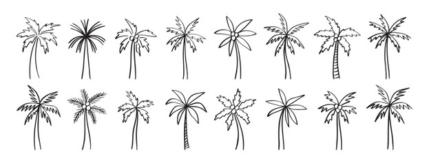 palm tree doodle hand drawn icon set. Outline drawing palm tree line clipart symbol collection © Yanka