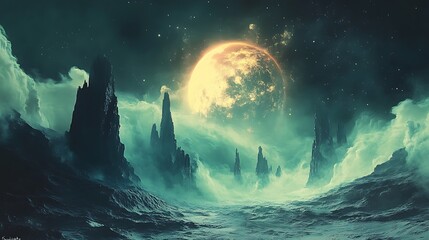 Mysterious glowing celestial object illuminates a dark otherworldly alien landscape with jagged rock formations