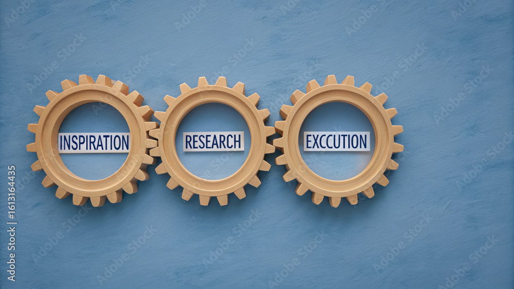 Poster inspiration, research, and execution are represented in three interlocking gears, symbolizing proces