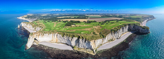Aerial view of Golf Course at Étretat Cliffs in France on the Coast of the Atlantic Ocean, English...