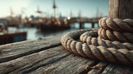 Fototapeta premium Close-up of a thick coiled rope on a weathered wooden dock, symbolizing unity with soft morning light.