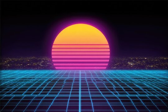 Retro sun over a gridded city landscape