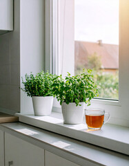 Brewing herbal tea in a cozy kitchen windowsill kitchen scene bright environment close-up herbal tea concept