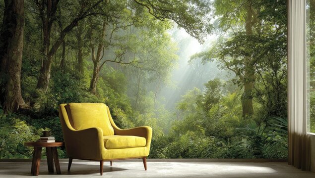 Sunny jungle scene with yellow armchair