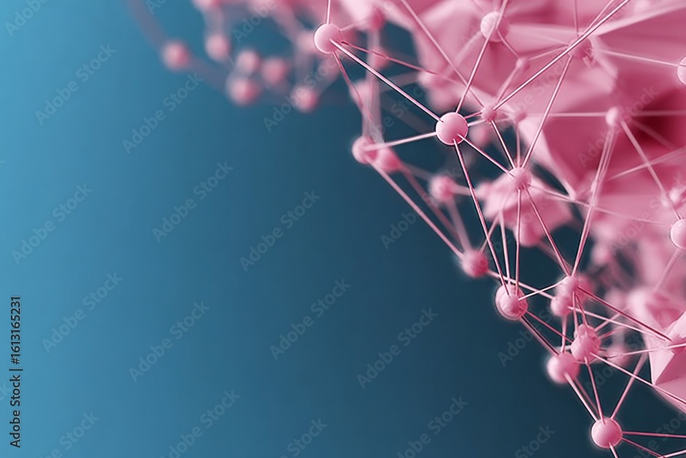 Poster abstract connection network with digital technology elements, pink structure and connecting dots art