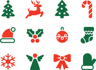 Fototapeta premium Merry Christmas Icons Set Green Red Tree Reindeer Candy Cane Santa Hat