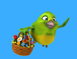 Fun 3D cartoon bird with flowers